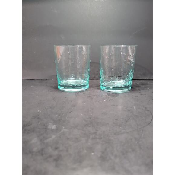 Teal Green Blue Double Old Fashion Thick Etched Glasses, Set of 2,‎ Oval Base - Picture 3 of 9